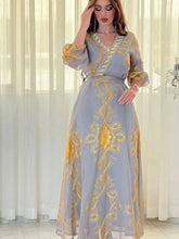 Arab Costumes Female Fashion Chic Mesh Embroidery Full Sleeve V-Neck Belted Clothing Muslim Elegant Women Evening Dress Yellow Dress